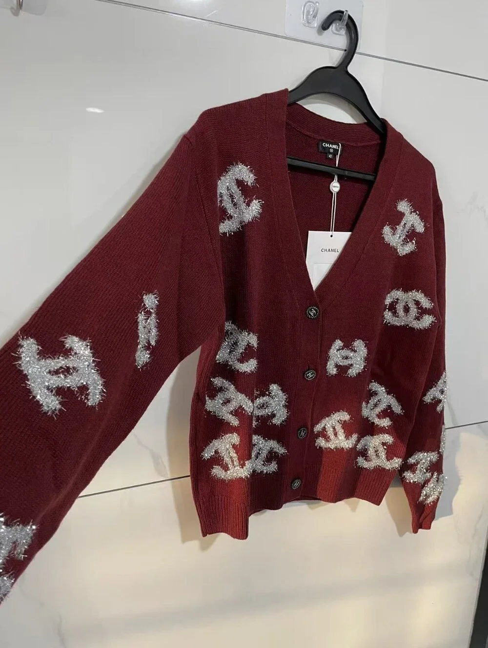Chanel V-Neck Logo Wool Cardigan Sweater